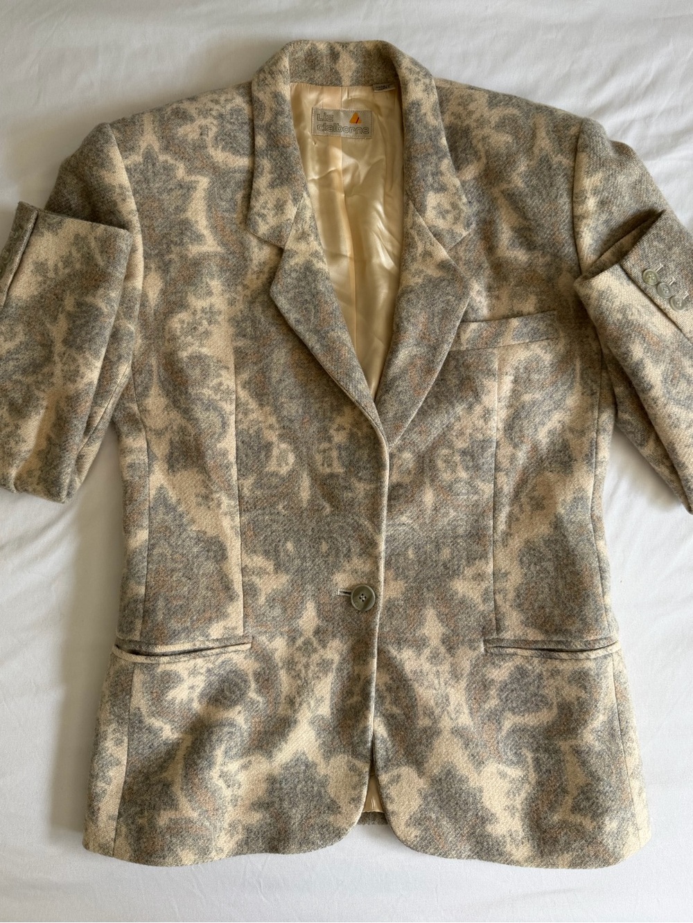VTG Liz Claiborne Paisley Tapestry Damask Neutral 100% Wool Single Button Blazer